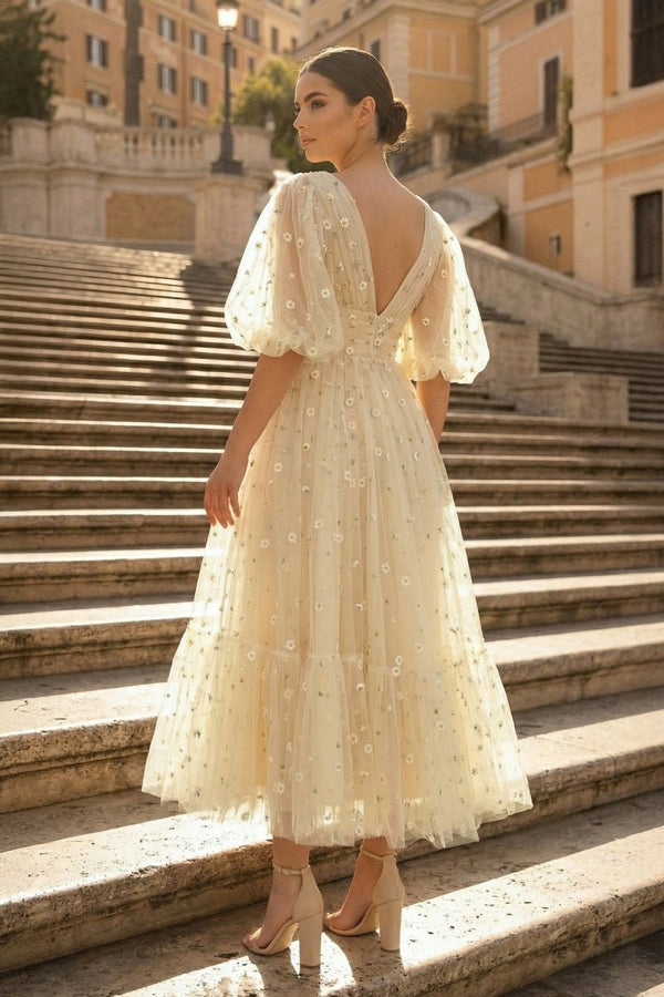 A - line V Neck Sea of Daisies Dress Engagement Ankle Length Half Sleeve Tulle with Buttons Pleats - KissProm