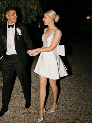 Thessaly | A - Line White Satin V - Neck Short Wedding Dress with Bow - KissProm