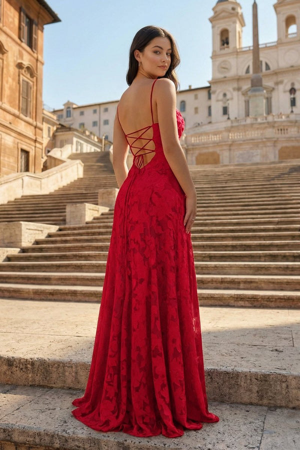 Pink A-Line Lace Floral Spaghetti Straps Long Prom Dresses – Prom Dresses by KissProm | Available at KissProm