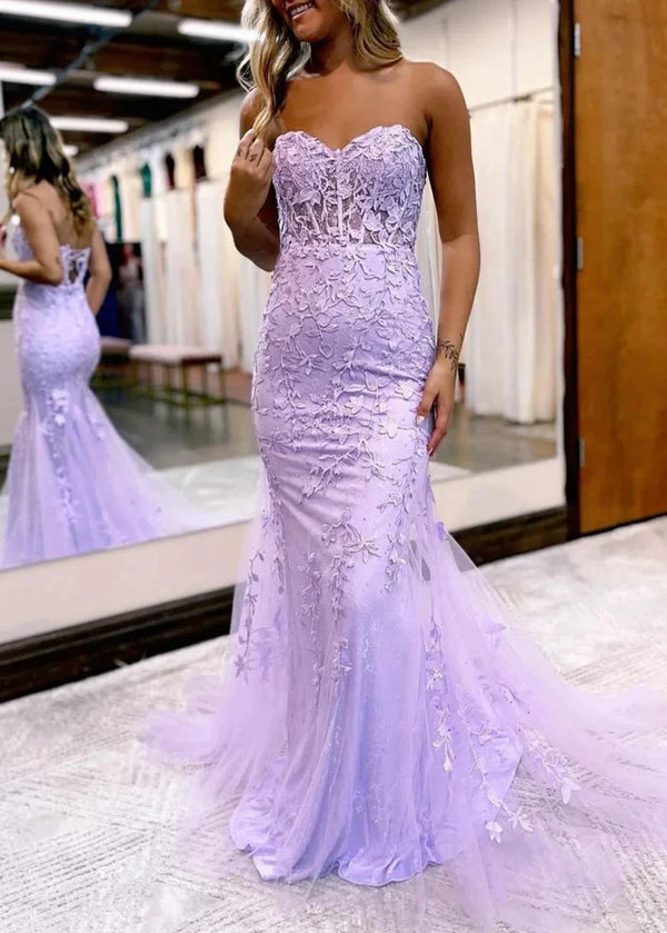 Pink Mermaid Sweetheart Neck Lace Long Prom Dress With Appliques - KissProm