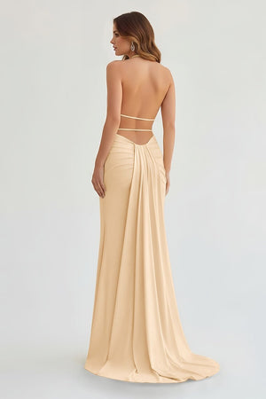 Mermaid Deep Halter Yellow Satin Long Prom Dresses with Slit – Prom Dresses by KissProm | Available at KissProm