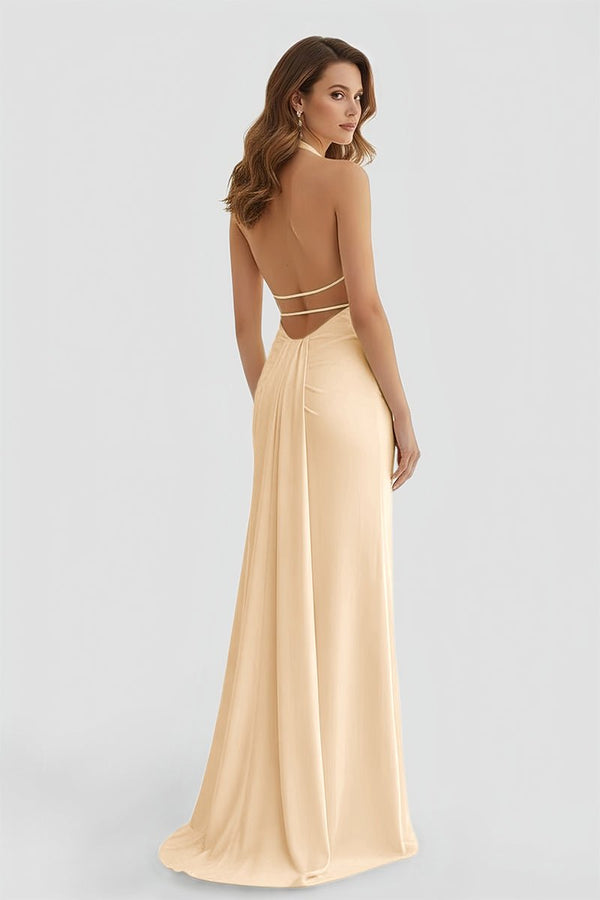 Mermaid Deep Halter Yellow Satin Long Prom Dresses with Slit – Prom Dresses by KissProm | Available at KissProm
