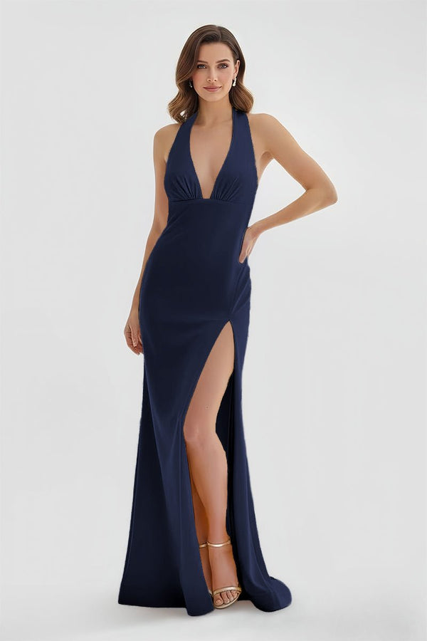 Mermaid Deep Halter Yellow Satin Long Prom Dresses with Slit – Prom Dresses by KissProm | Available at KissProm