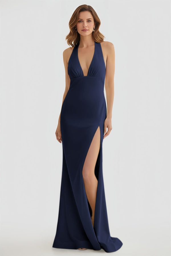 Mermaid Deep Halter Yellow Satin Long Prom Dresses with Slit – Prom Dresses by KissProm | Available at KissProm
