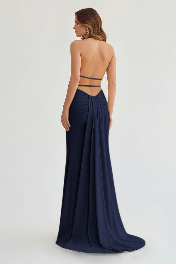 Mermaid Deep Halter Yellow Satin Long Prom Dresses with Slit – Prom Dresses by KissProm | Available at KissProm