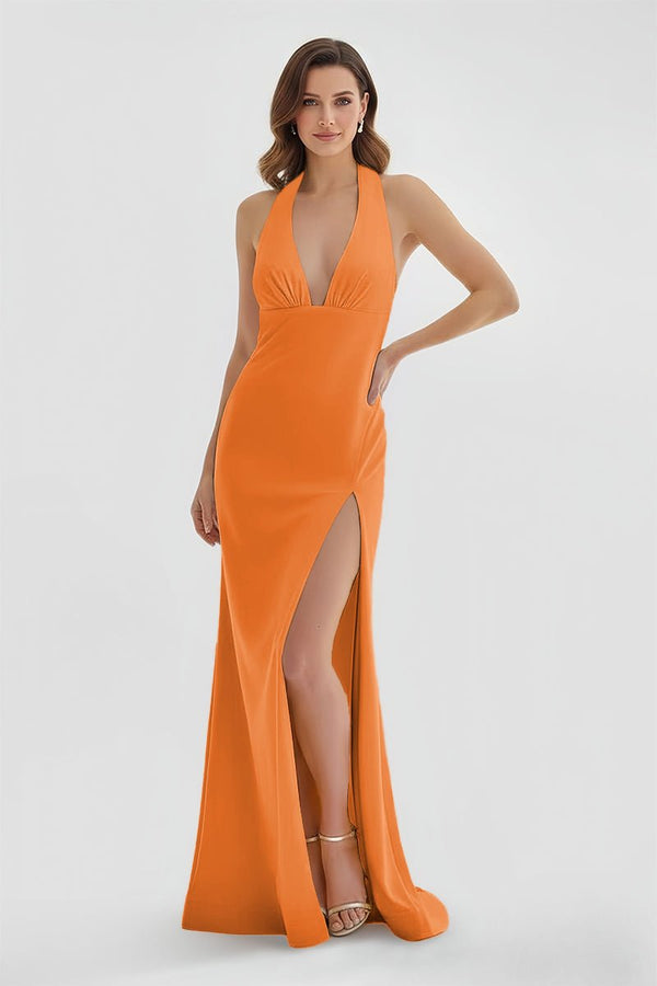 Mermaid Deep Halter Yellow Satin Long Prom Dresses with Slit – Prom Dresses by KissProm | Available at KissProm