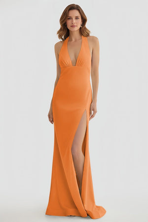 Mermaid Deep Halter Yellow Satin Long Prom Dresses with Slit – Prom Dresses by KissProm | Available at KissProm
