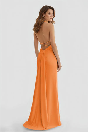 Mermaid Deep Halter Yellow Satin Long Prom Dresses with Slit – Prom Dresses by KissProm | Available at KissProm