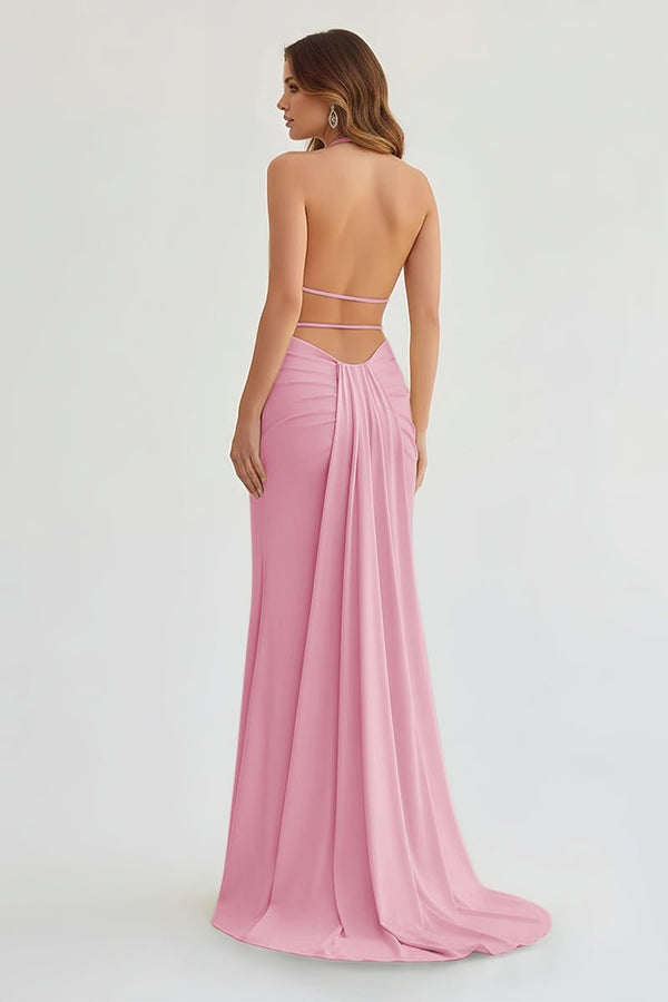 Mermaid Deep Halter Yellow Satin Long Prom Dresses with Slit – Prom Dresses by KissProm | Available at KissProm