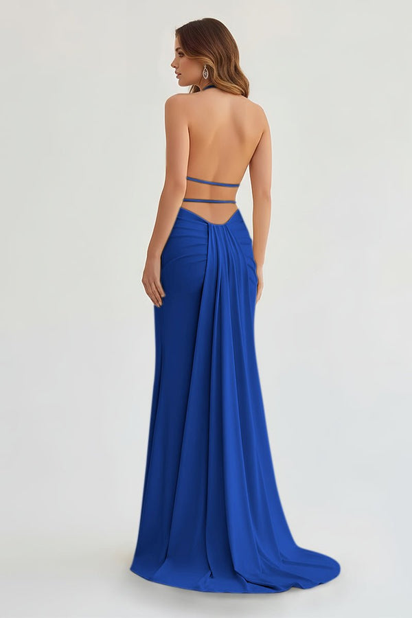 Mermaid Deep Halter Yellow Satin Long Prom Dresses with Slit – Prom Dresses by KissProm | Available at KissProm