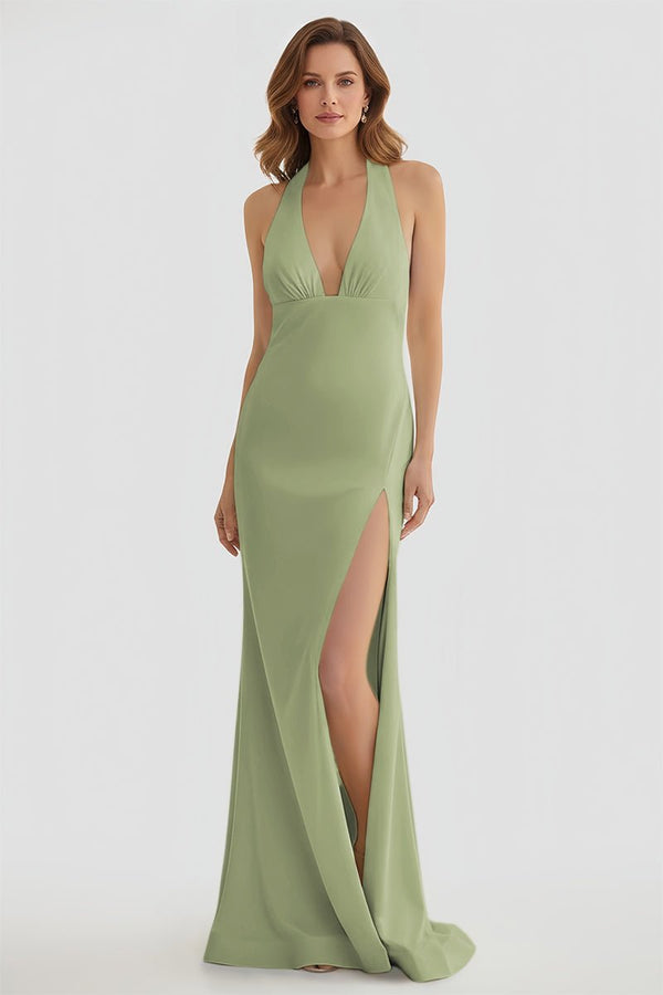 Mermaid Deep Halter Yellow Satin Long Prom Dresses with Slit – Prom Dresses by KissProm | Available at KissProm