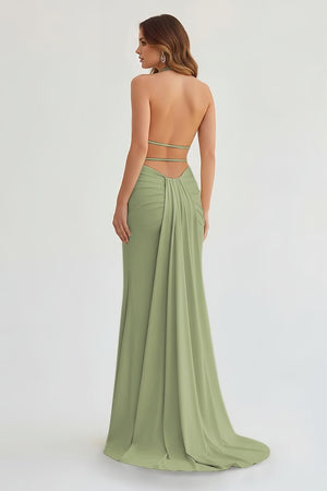 Mermaid Deep Halter Yellow Satin Long Prom Dresses with Slit – Prom Dresses by KissProm | Available at KissProm