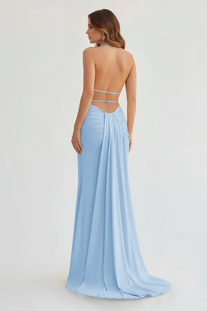 Mermaid Deep Halter Yellow Satin Long Prom Dresses with Slit – Prom Dresses by KissProm | Available at KissProm