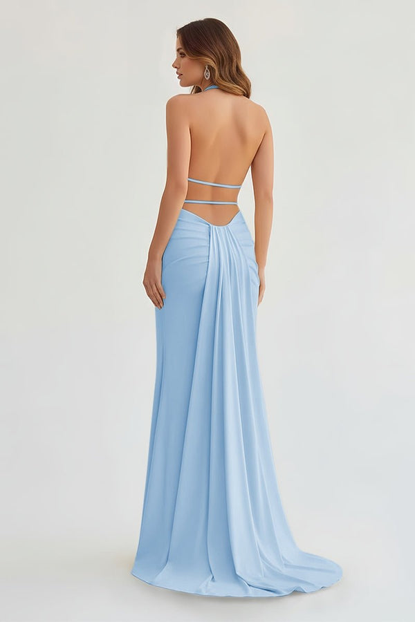 Mermaid Deep Halter Yellow Satin Long Prom Dresses with Slit – Prom Dresses by KissProm | Available at KissProm