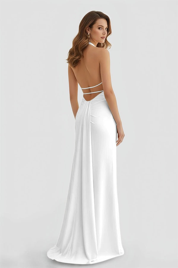 Mermaid Deep Halter Yellow Satin Long Prom Dresses with Slit – Prom Dresses by KissProm | Available at KissProm