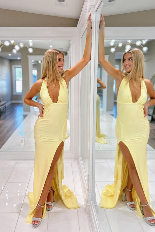 Mermaid Deep Halter Yellow Satin Long Prom Dresses with Slit – Prom Dresses by KissProm | Available at KissProm