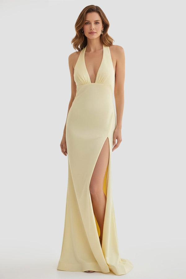 Mermaid Deep Halter Yellow Satin Long Prom Dresses with Slit – Prom Dresses by KissProm | Available at KissProm