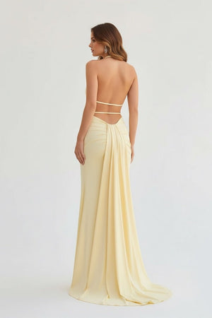 Mermaid Deep Halter Yellow Satin Long Prom Dresses with Slit – Prom Dresses by KissProm | Available at KissProm