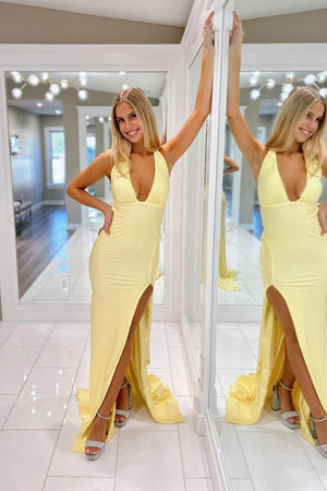 Mermaid Deep Halter Yellow Satin Long Prom Dresses with Slit – Prom Dresses by KissProm | Available at KissProm