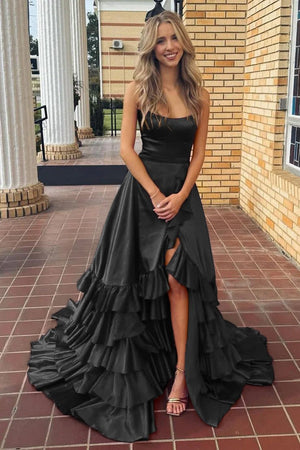Spaghetti Straps A Line Lace-Up Ruffle Tiered Red Prom Dress with Slit – Prom Dresses by KissProm | Available at KissProm