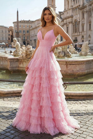 Light Pink A - Line Tiered Spaghetti Straps Tulle Prom Dress - KissProm