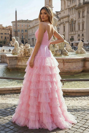 Light Pink A - Line Tiered Spaghetti Straps Tulle Prom Dress - KissProm