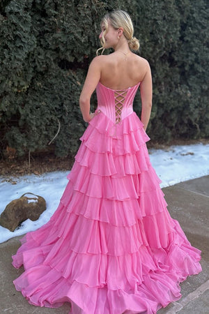 KissProm-Allinia Pink Sweetheart A Line Chiffon Ruffled Long Formal Prom Dresses With Beading
