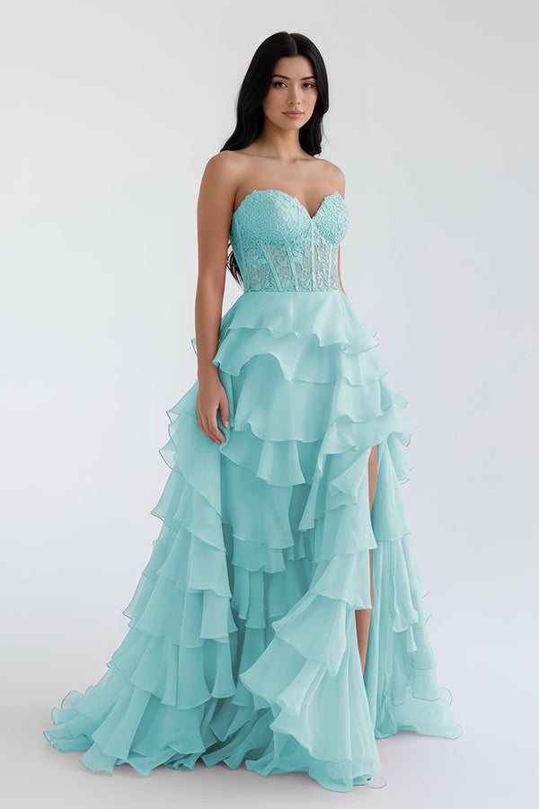 Royal Blue Chiffon Sweetheart Ruffle Tiered Long Prom Dress – Prom Dress by Kissprom | Available at KissProm