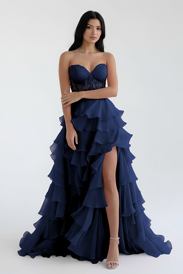 Royal Blue Chiffon Sweetheart Ruffle Tiered Long Prom Dress – Prom Dress by Kissprom | Available at KissProm
