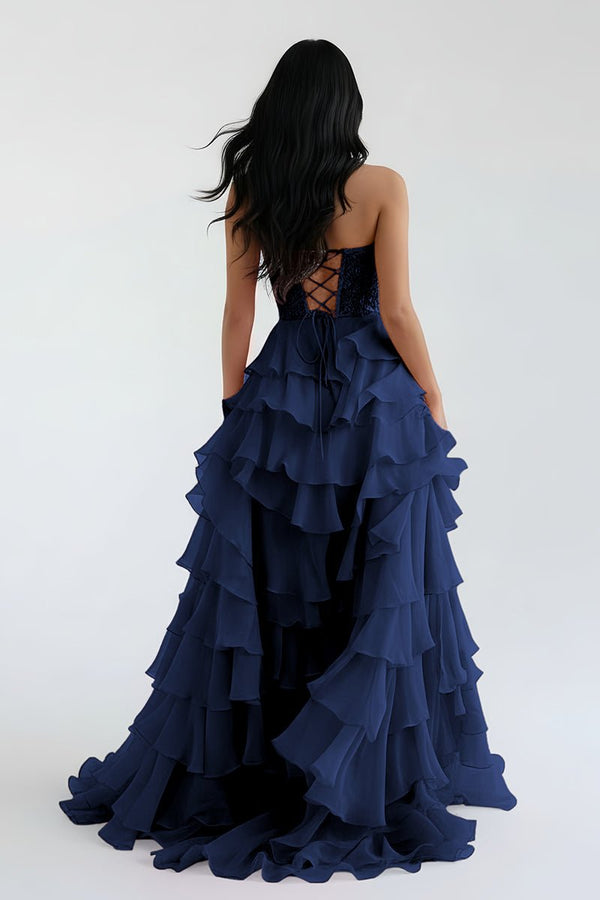 Royal Blue Chiffon Sweetheart Ruffle Tiered Long Prom Dress – Prom Dress by Kissprom | Available at KissProm