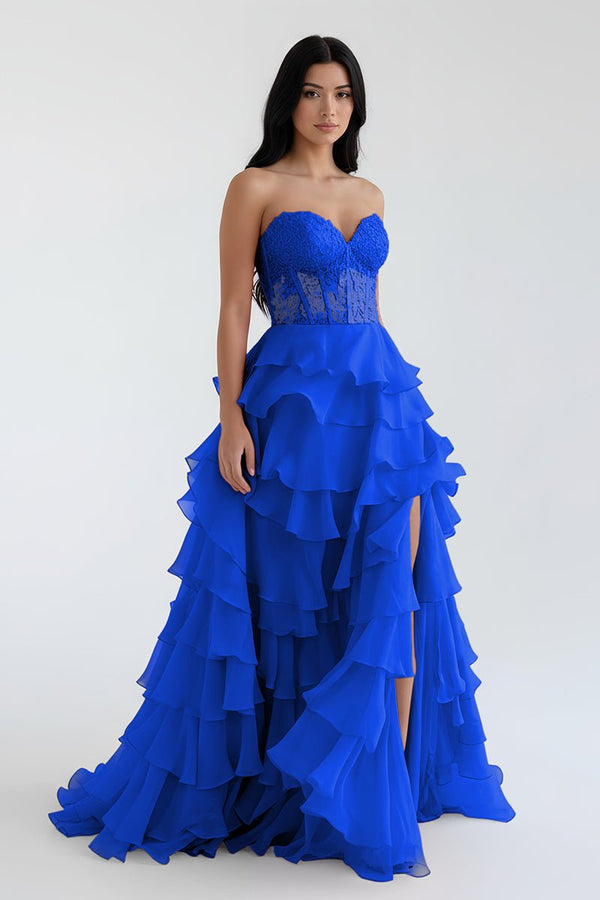 Royal Blue Chiffon Sweetheart Ruffle Tiered Long Prom Dress – Prom Dress by Kissprom | Available at KissProm