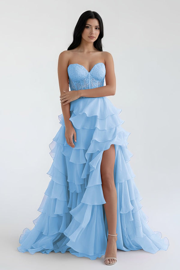 Royal Blue Chiffon Sweetheart Ruffle Tiered Long Prom Dress – Prom Dress by Kissprom | Available at KissProm