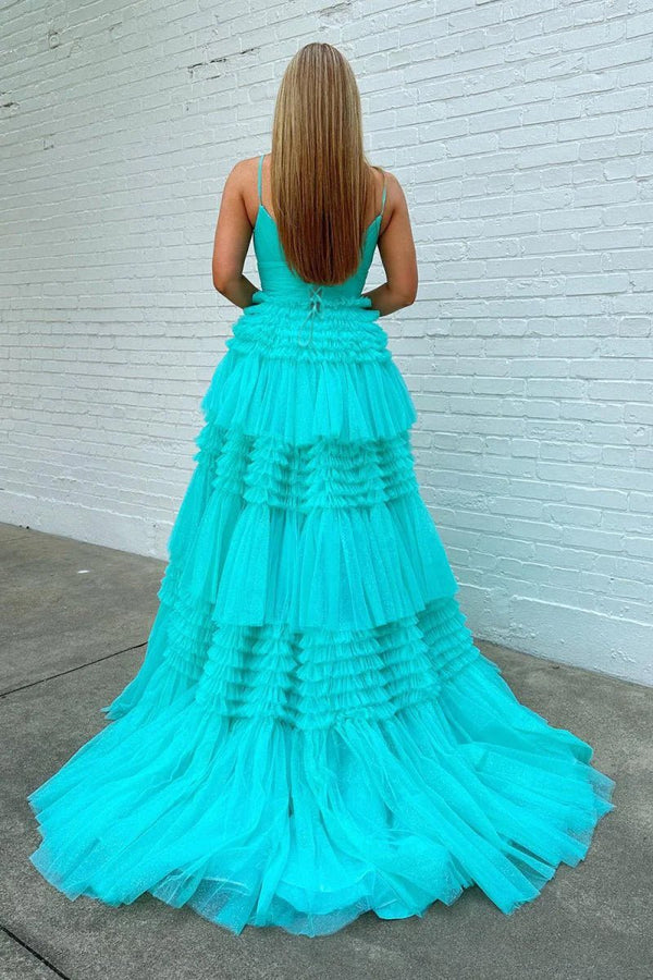 Amanda| A - Line Spaghetti Straps Long Tiered Tulle Prom Dress With Split - KissProm