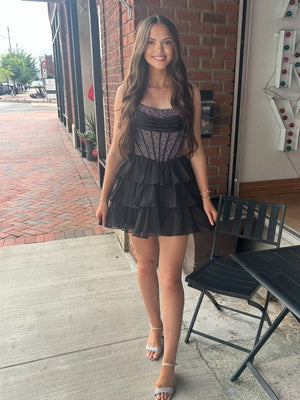 Black - Strapless A Line Chiffon Beaded Mini Party Dresses With Ruffles – Homecoming Dress by KissProm | Available at KissProm