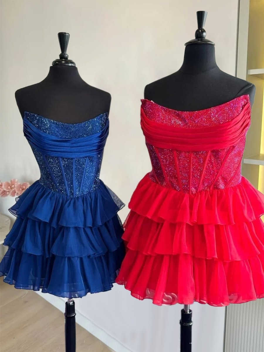 Amica | Red - Strapless A Line Chiffon Beaded Homecoming Dress With Ruffles