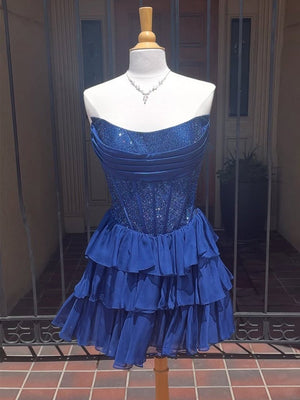 Navy Blue - Strapless A Line Chiffon Beaded Homecoming Dress With Ruffles – Homecoming Dress by KissProm | Available at KissProm