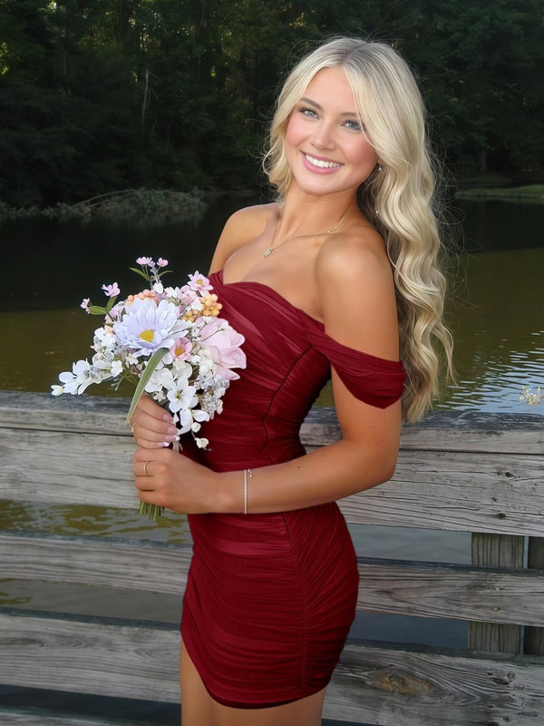 Anette | Burgundy - Off The Shoulder Tulle Short Homecoming & Cocktail Dresses