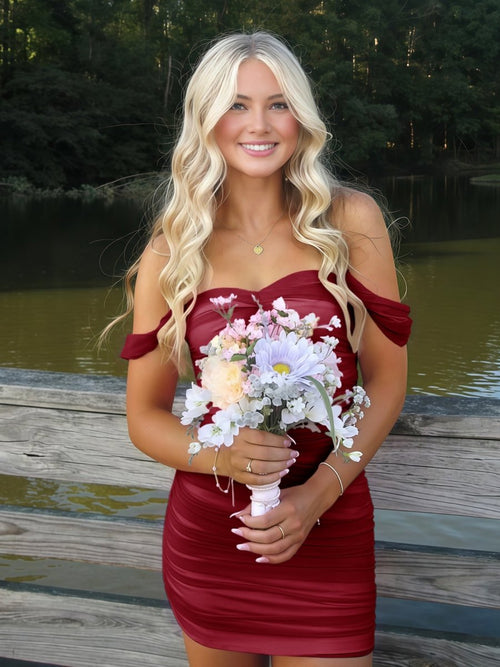 Anette | Burgundy - Off The Shoulder Tulle Short Homecoming & Cocktail Dresses