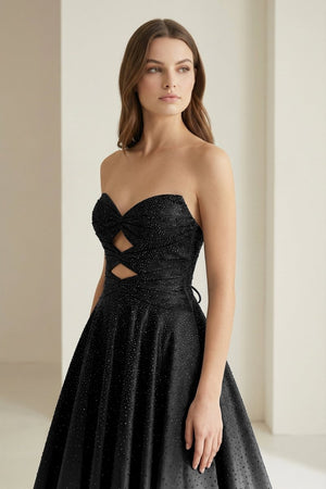 Aniria | Black - Strapless A Line Satin Beaded Long Prom Dresses With Cutout -KissProm