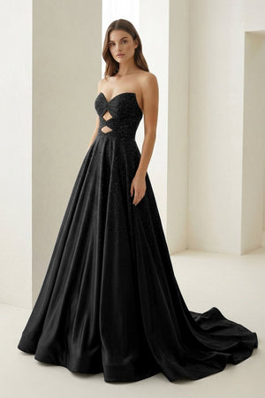 Aniria | Black - Strapless A Line Satin Beaded Long Prom Dresses With Cutout -KissProm