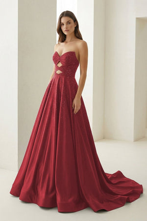 Aniria | Burgundy - Strapless A Line Satin Beaded Long Prom Dresses With Cutout -KissProm