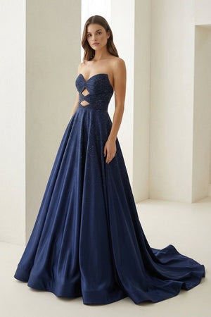 Aniria | Navy Blue - Strapless A Line Satin Beaded Long Prom Dresses With Cutout - KissProm