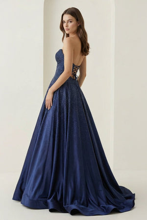 Aniria | Navy Blue - Strapless A Line Satin Beaded Long Prom Dresses With Cutout - KissProm