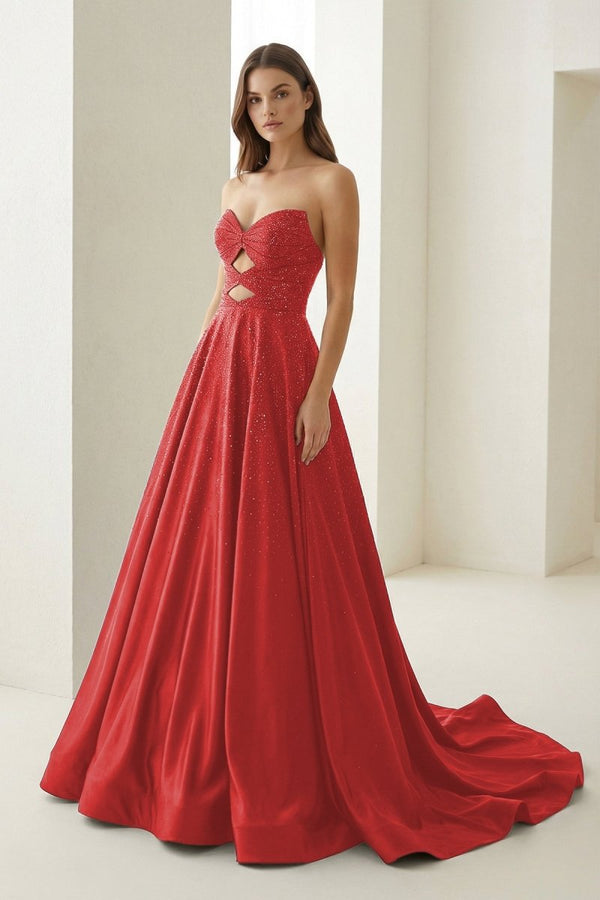 Aniria | Red - Strapless A Line Satin Beaded Long Prom Dresses With Cutout -KissProm