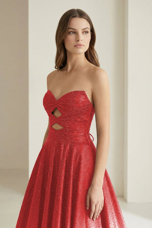 Aniria | Red - Strapless A Line Satin Beaded Long Prom Dresses With Cutout -KissProm