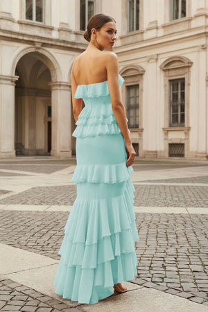 Pink Strapless Sheath Chiffon Ruffled Long Prom Dresses – Prom Dress by KissProm | Available at KissProm