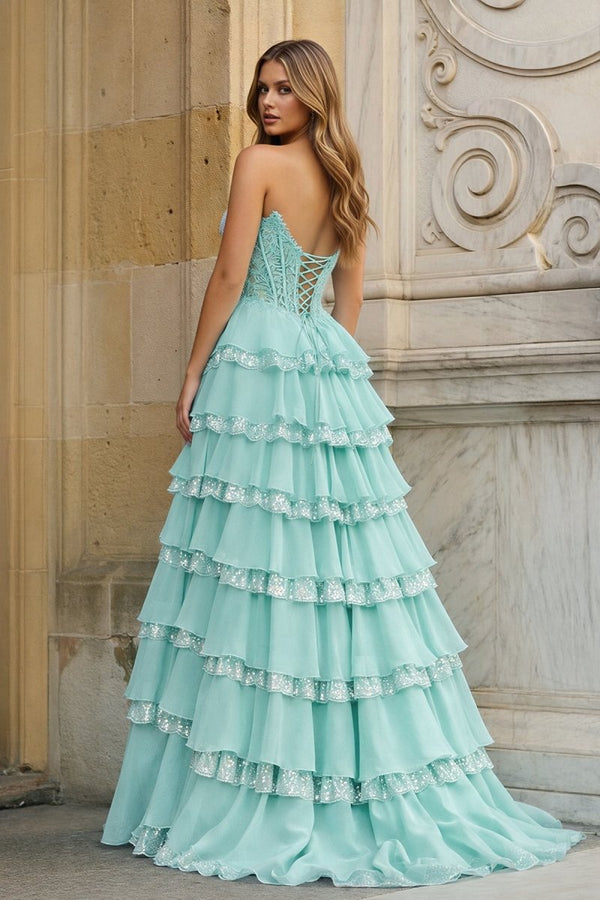 Sky Blue Sweetheart A Line Sequined Lace Ruffled Long Prom Dresses With Appliques – Prom Dress by KissProm | Available at KissProm