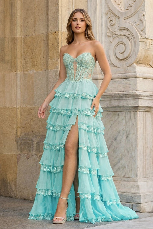Sky Blue Sweetheart A Line Sequined Lace Ruffled Long Prom Dresses With Appliques – Prom Dress by KissProm | Available at KissProm