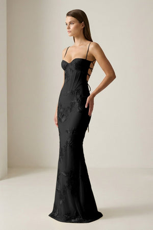 Yellow Spaghetti Straps Sheath Long Prom Dresses With Floral Embroidery – Prom Dress by KissProm | Available at KissProm