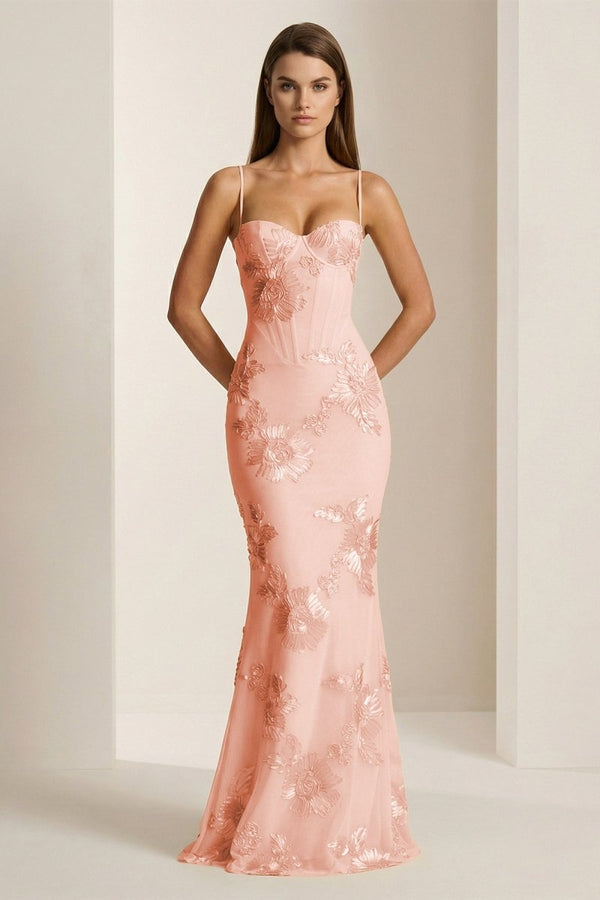 Yellow Spaghetti Straps Sheath Long Prom Dresses With Floral Embroidery – Prom Dress by KissProm | Available at KissProm